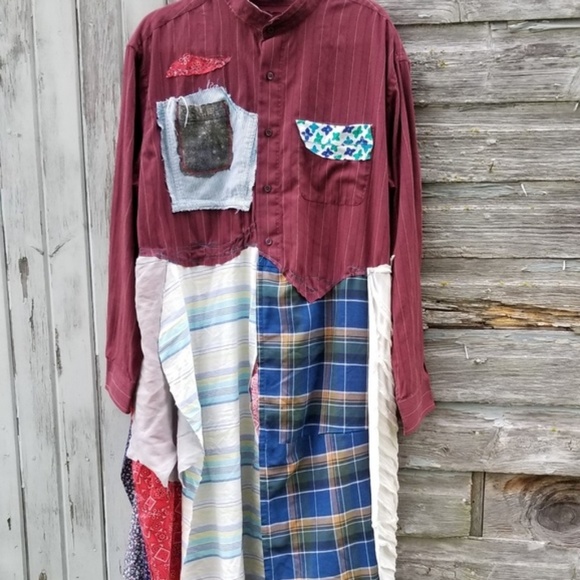 Boho Patchwork Plaid Shirt Dress Upcycled    - Picture 6 of 8